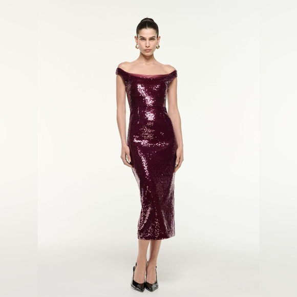 ROLAND MOURET Burgundy Sequin-Embellished Midi Dress $1200 - Picture 2 of 7
